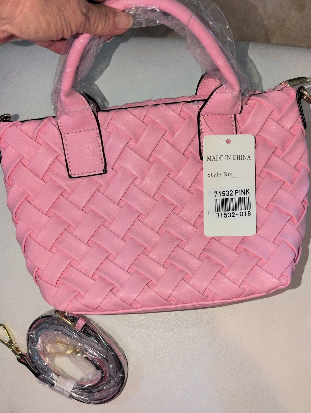 Woven Pink Women's  Vegan Leather Handbag With Crossbody Strap
